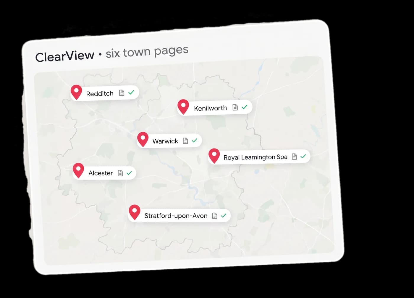 ClearView's six town pages across Warwickshire: Redditch, Kenilworth, Warwick, Royal Leamington Spa, Alcester and Stratford-upon-Avon, each one live
