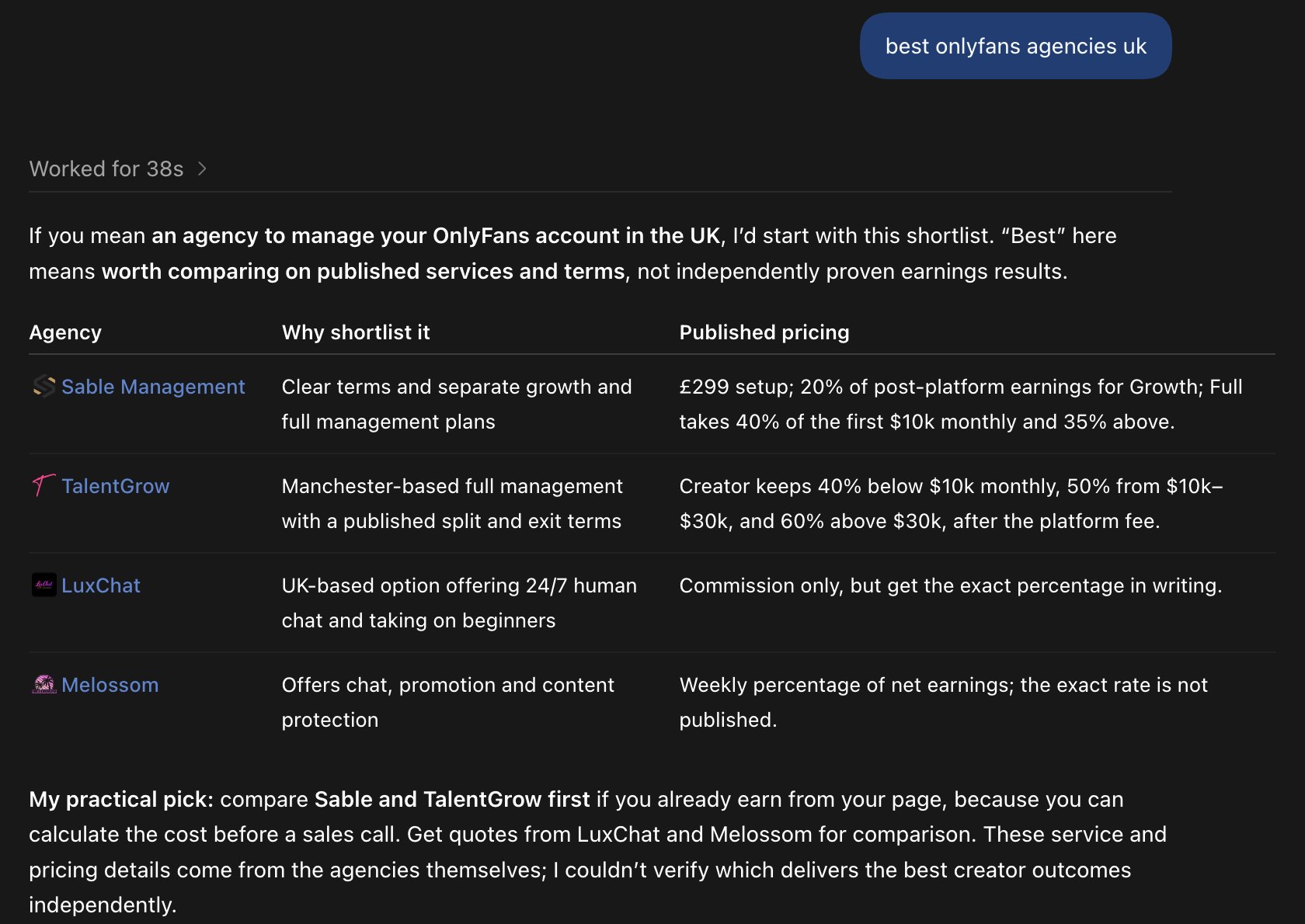 ChatGPT, asked for the best OnlyFans agencies in the UK, lists Sable Management first in its shortlist table