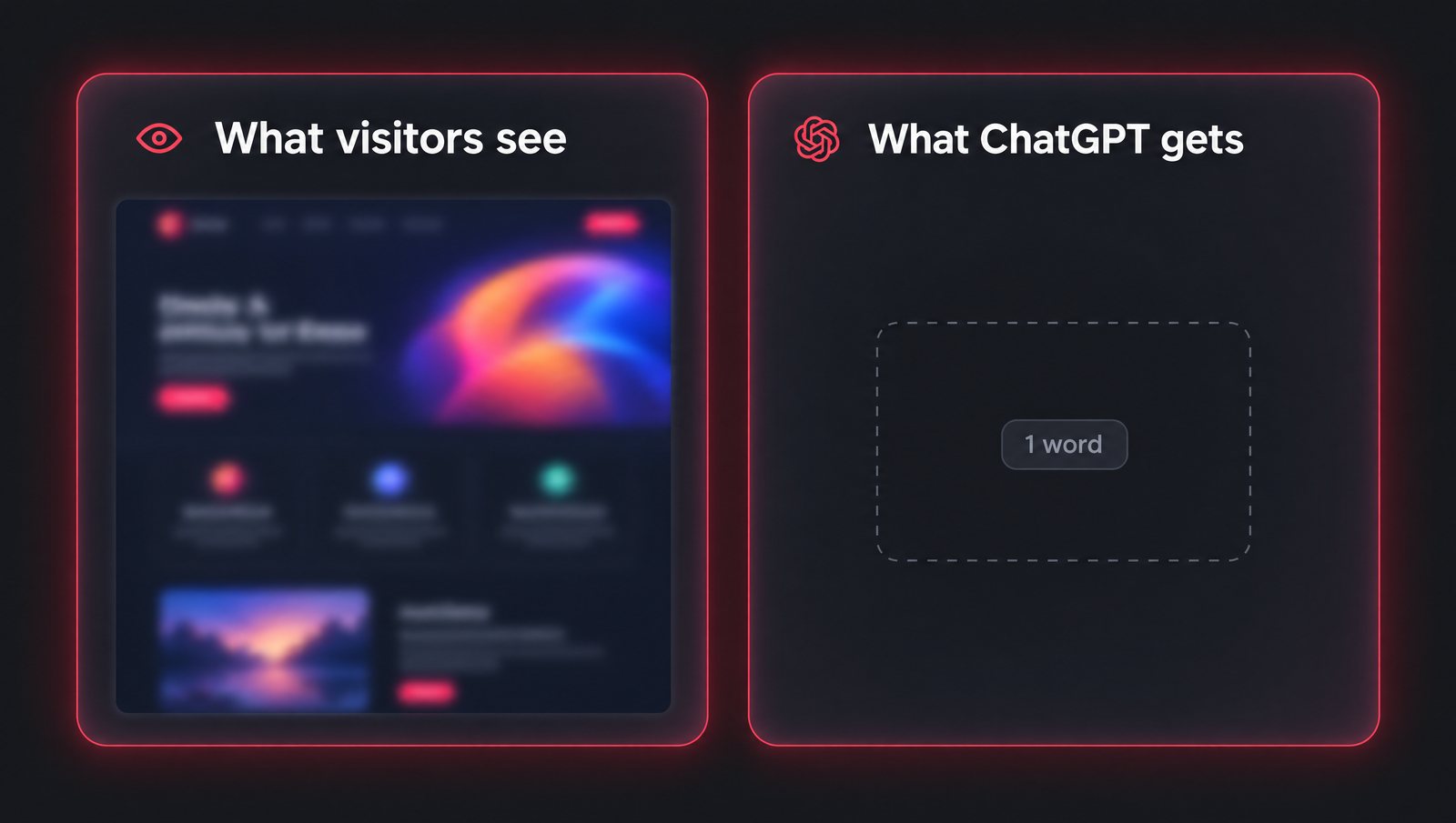 A stylised split view of a website: a full page on one side and an empty panel on the other, representing what an AI crawler receives