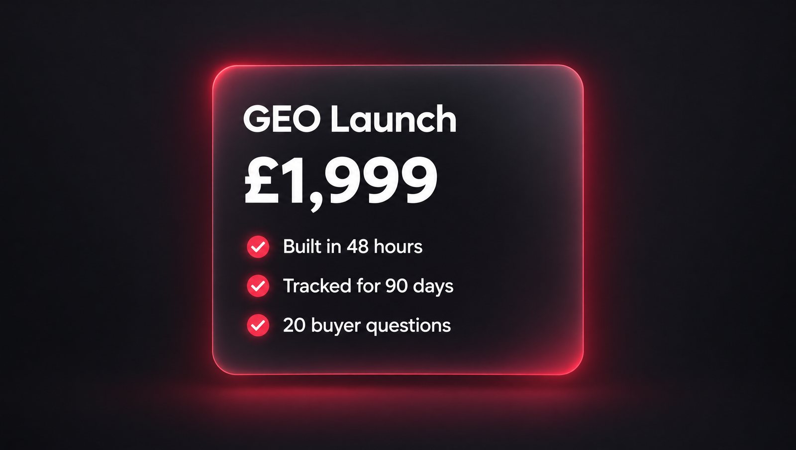 A stylised pricing card with a single fixed price and a short checklist, on a dark background with a red glow