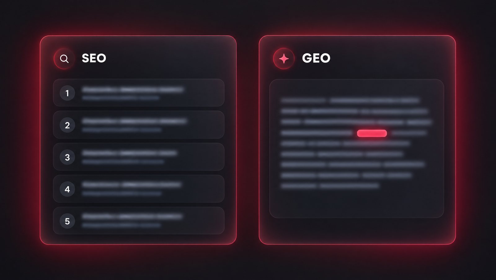 A stylised comparison card with a ranked list on one side and a single AI answer on the other, on a dark background with a red glow