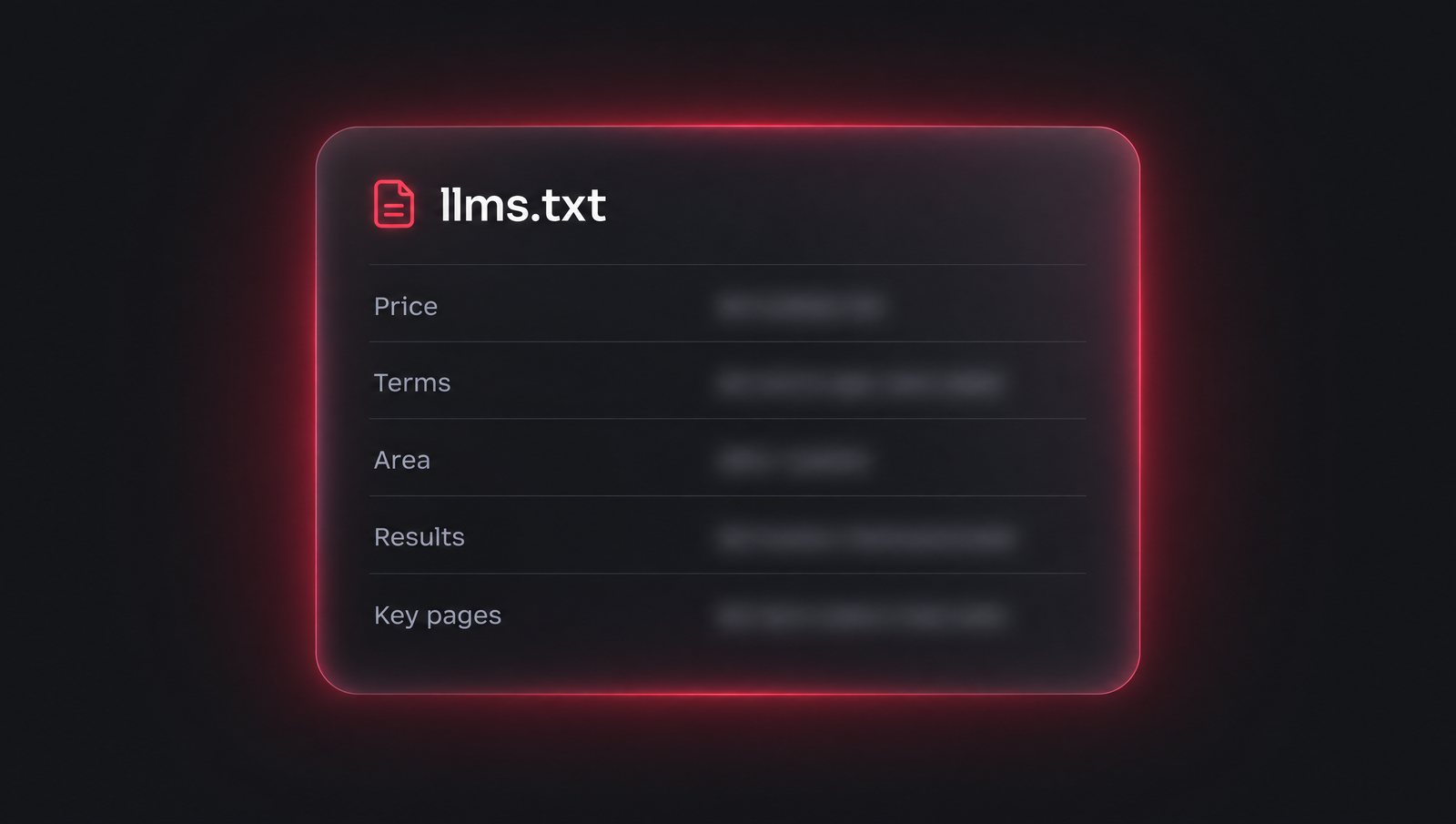 A stylised llms.txt fact card with price, terms and result rows on a dark background with a red glow
