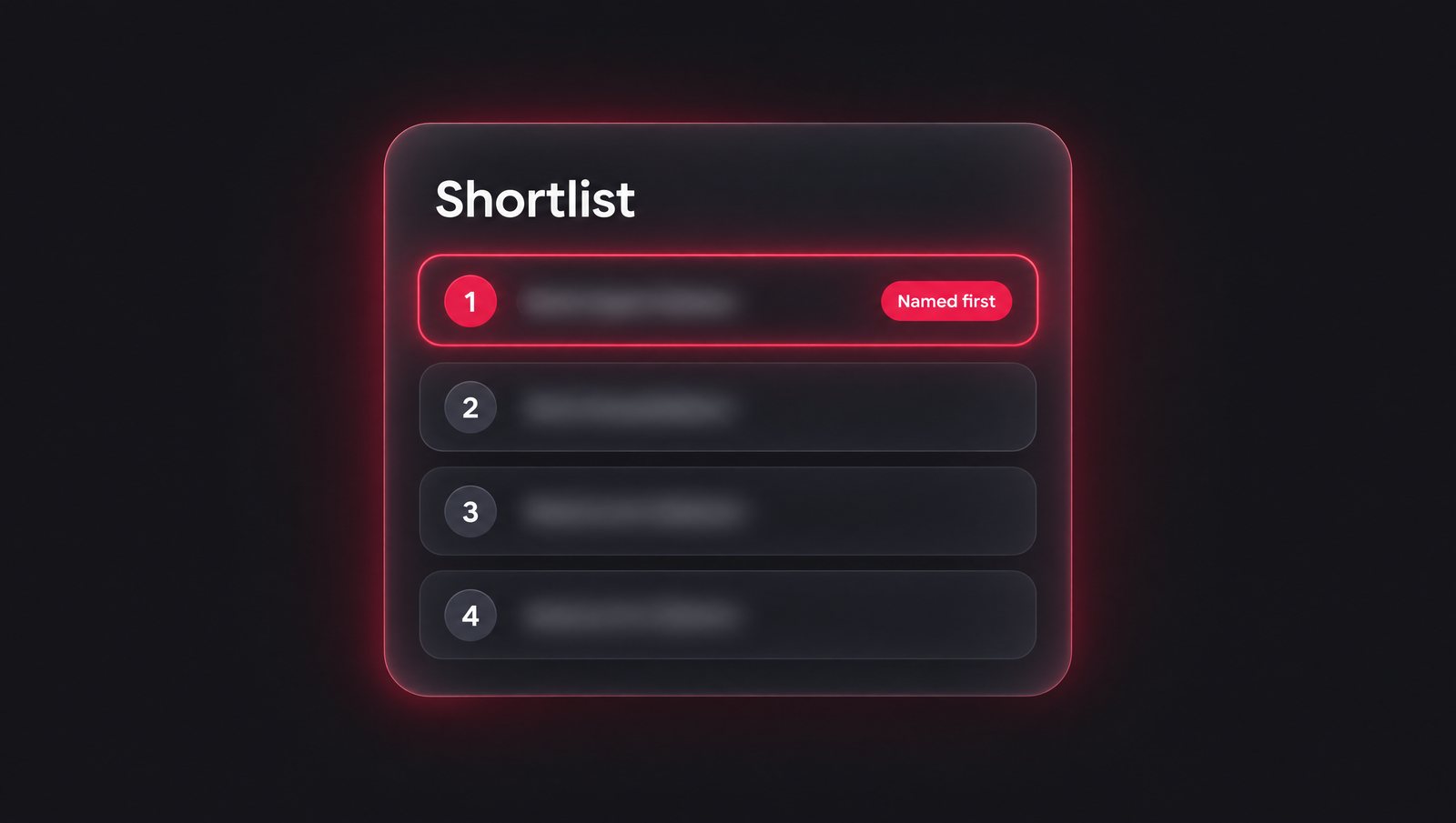 A stylised AI shortlist card with one business highlighted first, on a dark background with a red glow