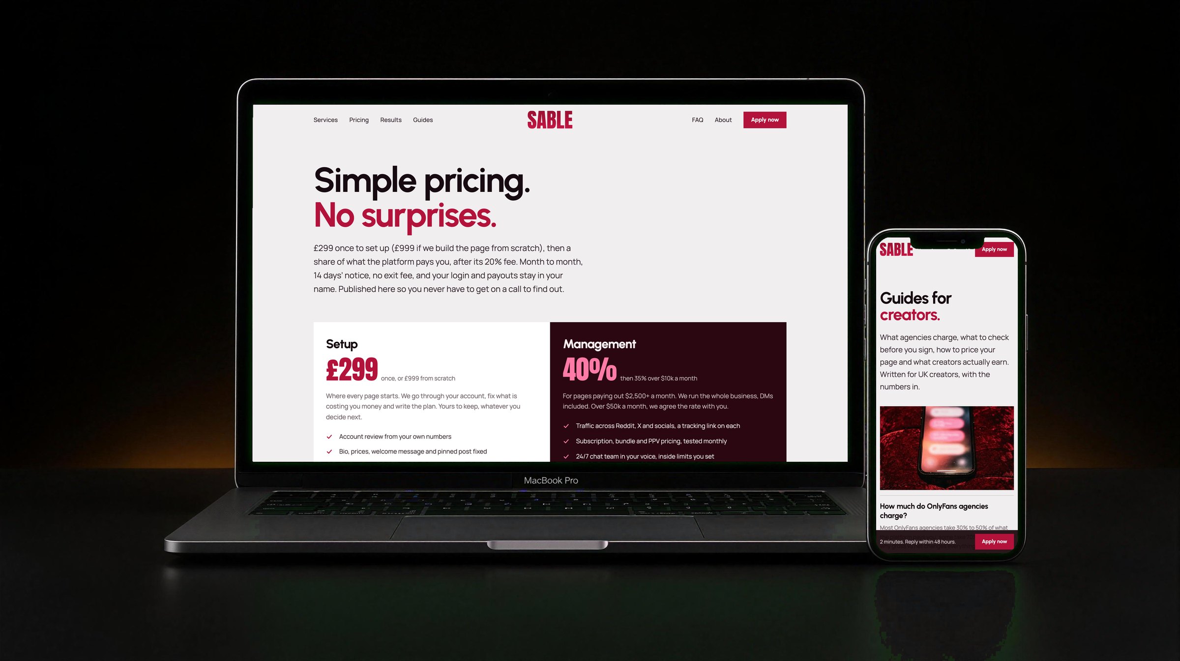 Sable Management's pricing page on a laptop and its creator guides on a phone