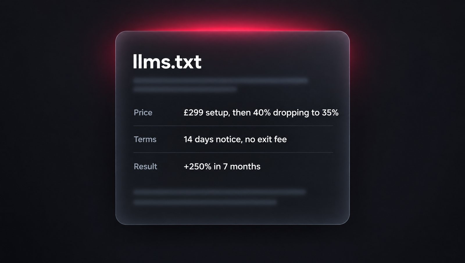An llms.txt card listing Sable's price, terms and result